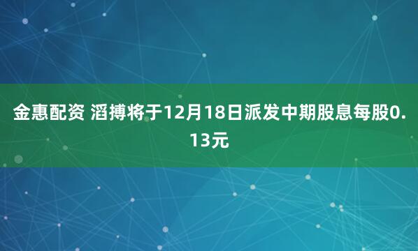 金惠配资 滔搏将于12月18日派发中期股息每股0.13元